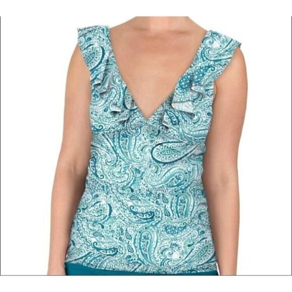 Carole Hochman Ruffle Plunge Tankini Swimsuit Swim Top Size 14 NWT Teal Paisley - Picture 1 of 11